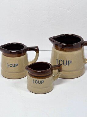 Vintage Stoneware Crock Pottery Handled Pitcher Measuring Cups Brown Glaze Set 3